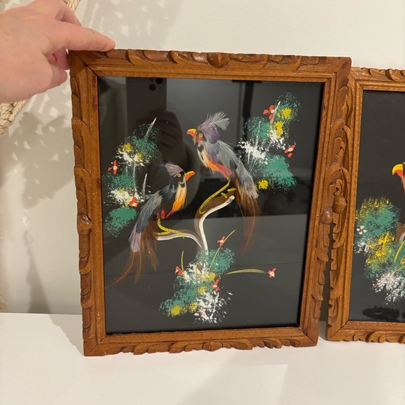 Vintage Mexican feather art bird paintings carved wood frames SET OF TWO 12X10 - Picture 2 of 14